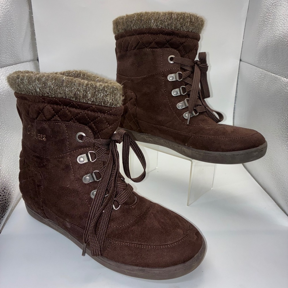 G by Guess Brown Faux Suede Quilted Ankle Boots Knit Collar Lace Up Womens 8.5M